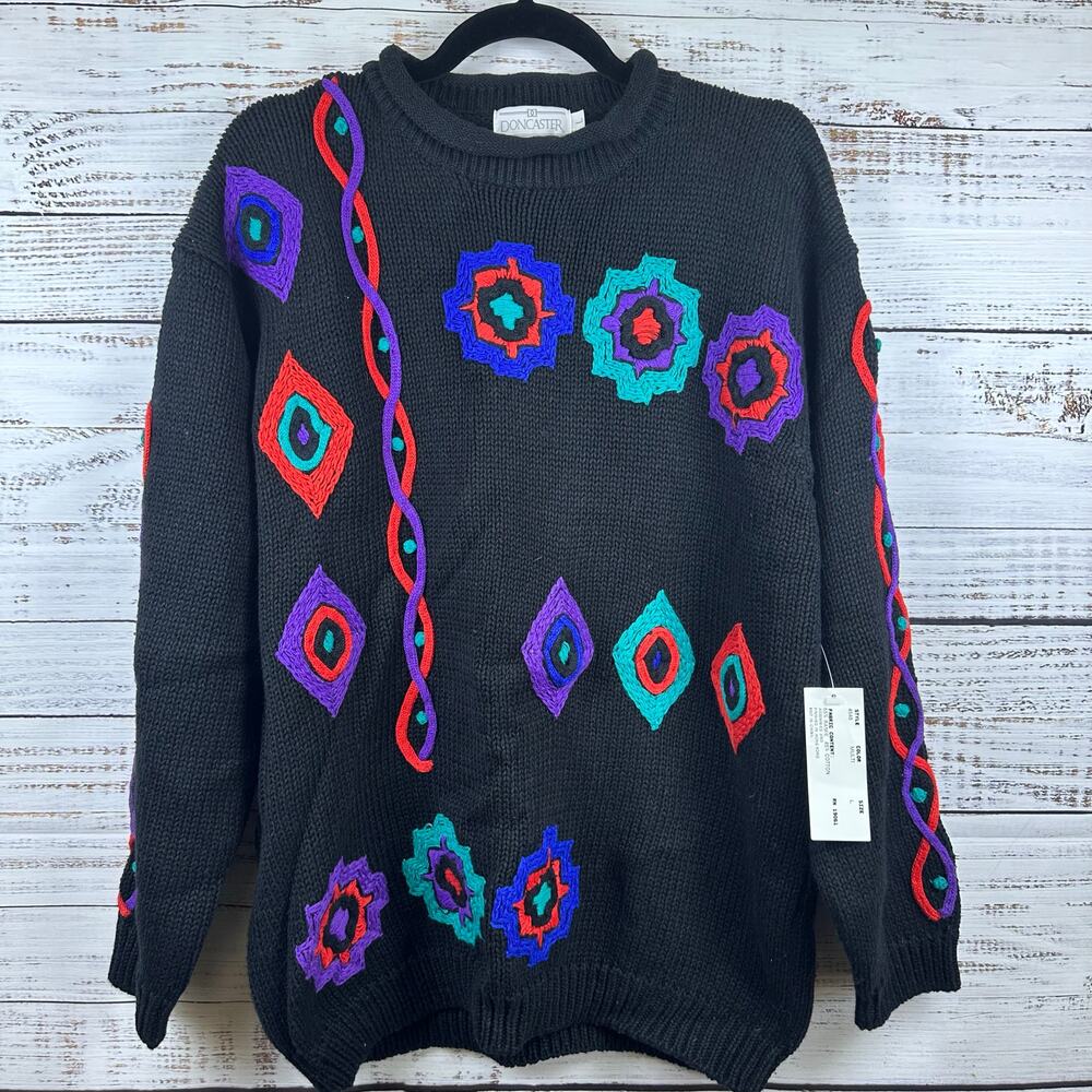 Womens NWT VTG Doncaster 80s Black Teal Chunky Knit Geometric Print Sweater L